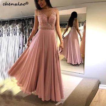 

Chiffon Evening Dresses A Line Sleeveless V Neck Backless Sexy Appliques Dubai Saudi Arabic Long Elegant Evening Gown Prom