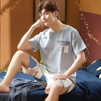 

Pajamas Men's Spring And Summer Thin Grey Short Sleeve Color Printed Shorts Set Loose Casual Pullover Fashion Home Wear Men