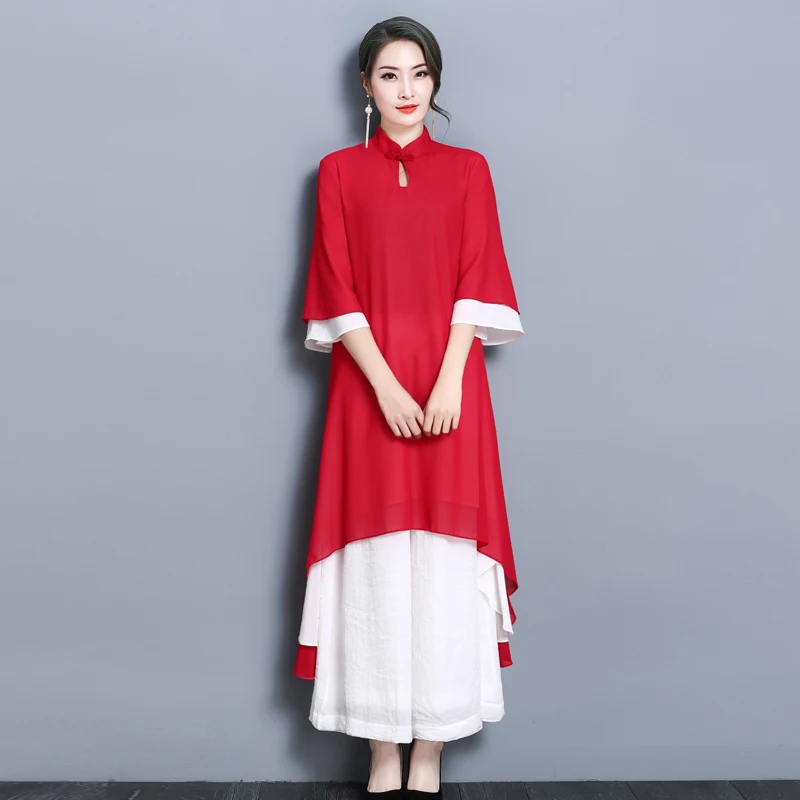 

2019 chinese dress cheongsam qipao retro women Three Quarter Sleeve Three Quarter Sleeve Zen Meditation Tea Dress Clothes Women