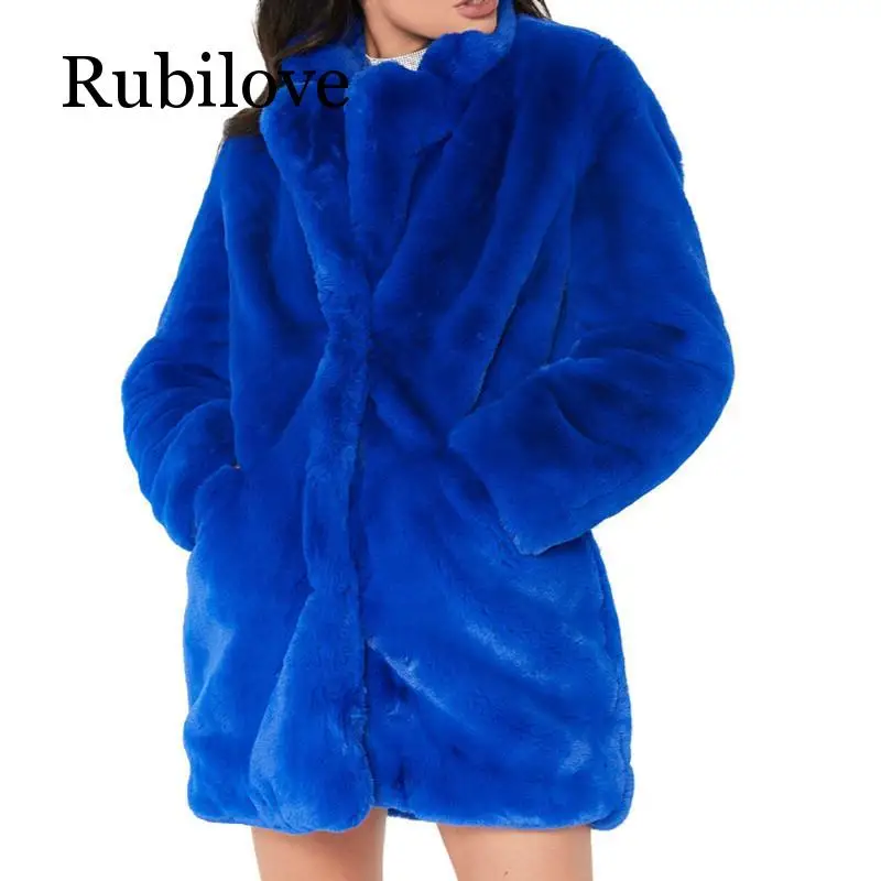 

Rubilove Winter Women Long Faux Fur Coat Loose Tops Thick Plush Outerwear Turn Down Collar Female Hairy Furry Warm Overcoat Plus