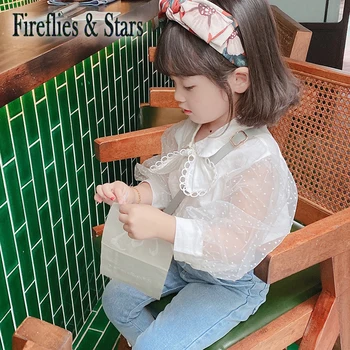 

Spring Autumn girls blouse Baby shirt kids tops Children clothes fashion dot transparent mesh puff sleeve bow lacing 3 to 8 yrs