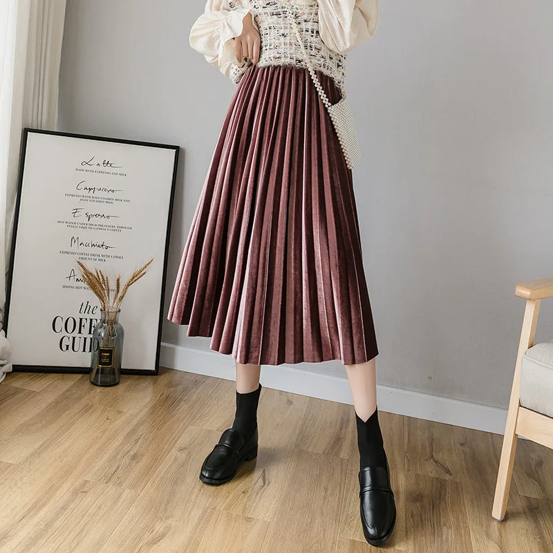 Зимняя женская плиссированная юбка бархатная большого размера плюс юбка макси модная повседневная офисная юбка женская Jupe - Цвет: Coffee