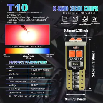 

Lamp Light Bulb DC 12V Canbus 194 168 501 3030 Chips 10pcs Red T10 Canbus 194 168