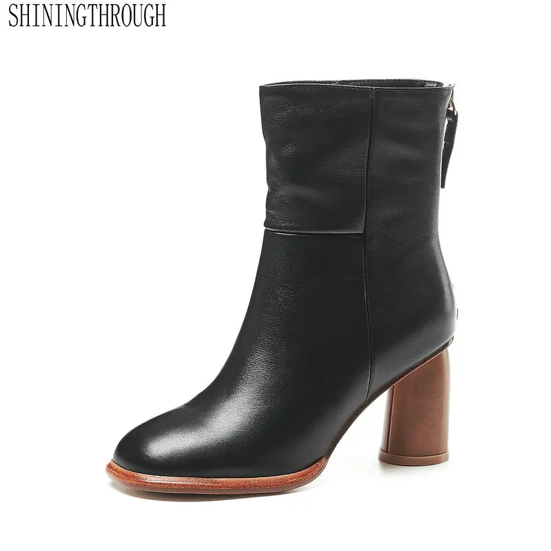

2020 Autumn Winter Genuine Leather Comfort Concise Women Shoes Square Heel Zipper Retro Square Toe Ankle Boots Size 34-43