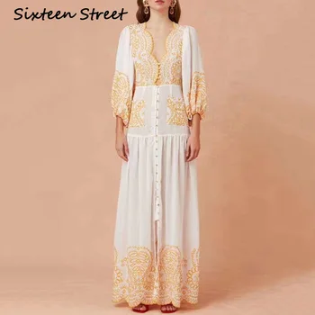 

2020 New Arrive vintage floral long dress woman V-neck lantern sleeve white and gold elegant maxi dresses woman party runway