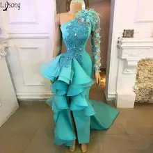 Бирюзовые платья для выпускного вечера с одним плечом, с высоким разрезом, с оборками, шикарное вечернее платье с аппликацией из бисера, вечерние платья на заказ