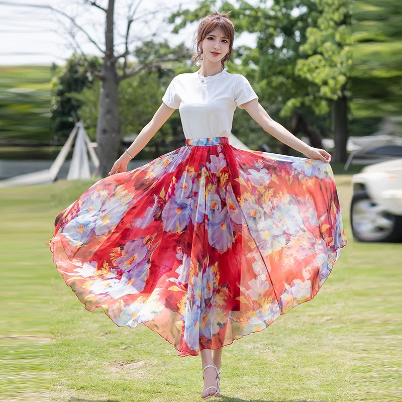 Dark Blue Skirt Summer Chiffon Floral Print Maxi Skirt: Bohemian