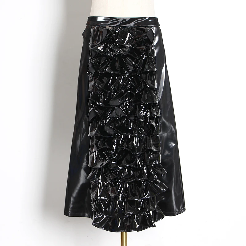 TWOTWINSTYLE, черные женские юбки из искусственной кожи в стиле пэчворк с оборками, Женская юбка трапециевидной формы с высокой талией,, осенняя модная новая одежда