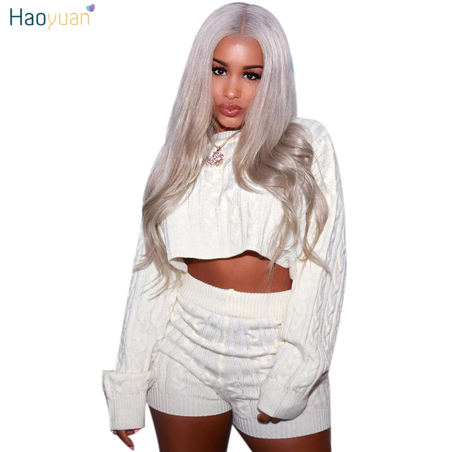 Prix HAOYUAN femmes deux pièces ensemble Sexy Club tenues pull Crop hauts et Biker Shorts vêtements tricotés survêtement 2 pièces ensembles assortis