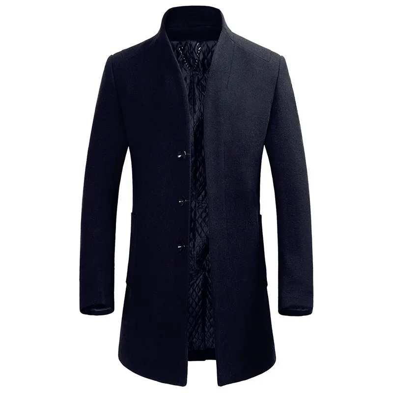 navy blue Зимнее шерстяное длинное пальто для мужчин, новинка, модное однотонное теплое плотное шерстяное пальто, повседневное тонкое Мужское пальто-Тренч YT80228 - Цвет: navy blue