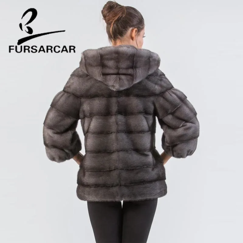 FURSARCAR реального норки пальто для Для женщин регулярные Длинные Тип с капюшоном зимняя норковая шуба из натуральной кожи с мехом норки