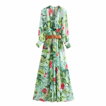 

2020 new Spring Summer European green Grand Prix Waistband Floral Print zaraing women Dress sheining vadiming female XDN9510