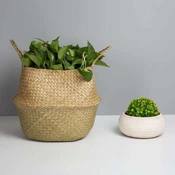 

Natural Seagrass Woven Storage Basket Foldable Laundry Plant Pot Garden Flowers Vase Household Wicker Flower Basket with Handle