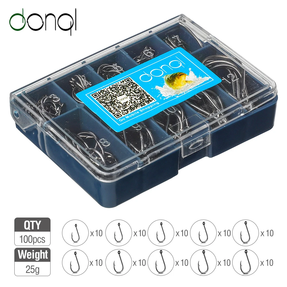 

DONQL 100pcs/ Box Mixed Size Fishing Hooks 3-12# High Carbon Steel Barbed Single Carp Fishhook Fly Fishing Hooks Sea Accessories
