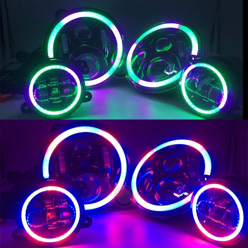 Для Jeep Wrangler JK " RGB светодиодный фары+ 4" Противотуманные фары управление Bluetooth огни Управление светодиодный Halo Кольцо Многоцветный