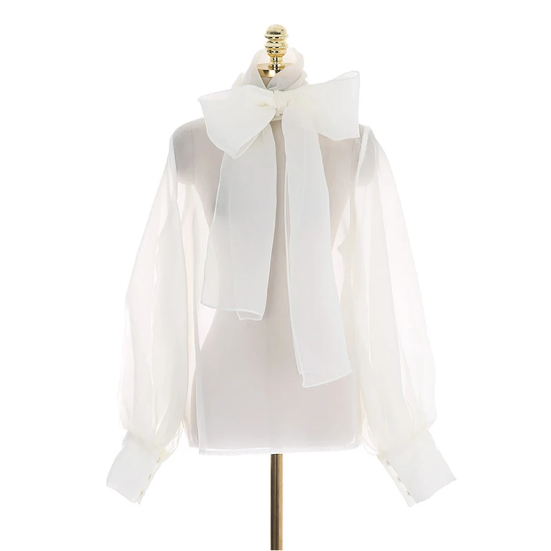  [LIVIVIO] 2019 Summer Long Lantern Sleeve Bow White Sheer Blouse Women Black Shirt Office Ladies To