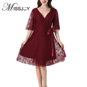 

MISSJOY Lace Dress Ladies A-Line Evening Party Half Sleeves Sexy Women Elegant Patchwork Casual 2019 Vintage V-Neck Solid Color
