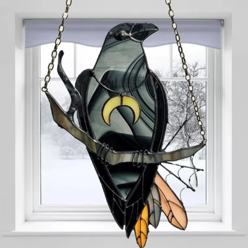 Mysterious Crow Witch Ornament Stained Suncatcher with Moon Necklace for Window Wall Hanging Pendant Yard Garden Decor crystal sun catcher wall hanging pendant crystal wall hanging glass pendant ornament charm decoration window hanging suncatcher