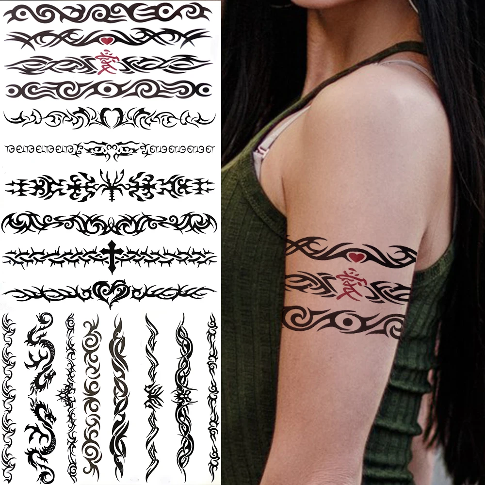 Tribal Totem Temporary Tattoos For Women Men Adults Fake Cross Heart Black Henna Tattoo Sticker Sexy Bramble Tatoos Armband - AliExpress