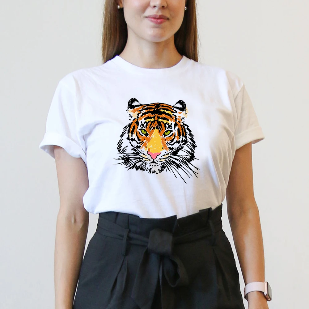 Gothic Style Tiger Print T Shirt Women Vintage Cartoon 100% Cotton Tops &  Tees High Quality Brand Womens Tee Shirts Tshirt