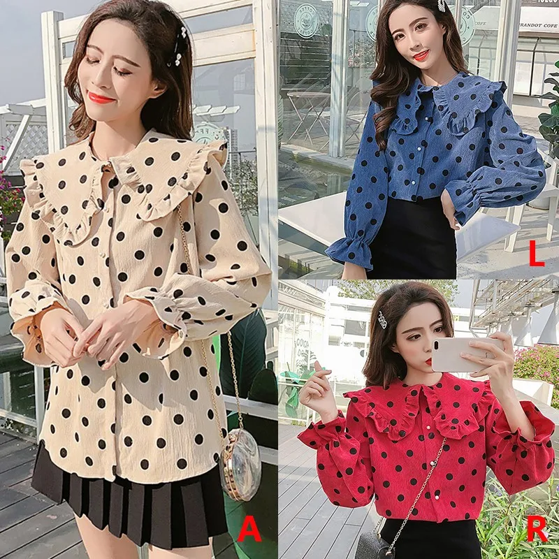 

Spring Shirt Polka Dot Korean-style Elegant Ladies Sweet Preppy Style Long Sleeve Loose Shirt Tops