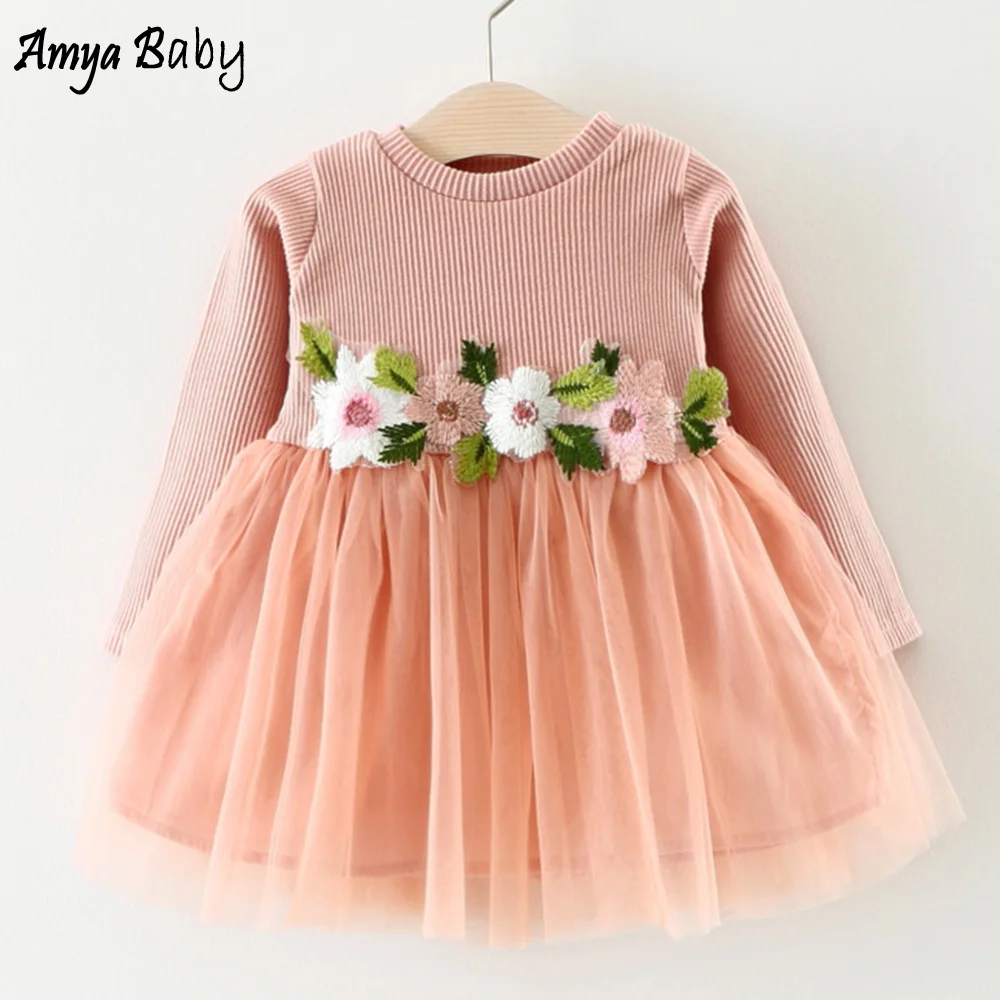 AmyaBaby/платья с длинными рукавами для малышей на первый День рождения; осеннее платье для маленьких девочек с цветочным узором; вязаная сетчатая одежда в стиле пэчворк; Рождественская детская одежда