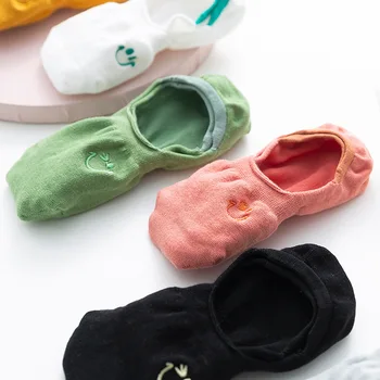 

New Embroidered Expression Woman Socks Cool Invisible Sock Slippers Women Summer Boat No Show Cotton Candy Color