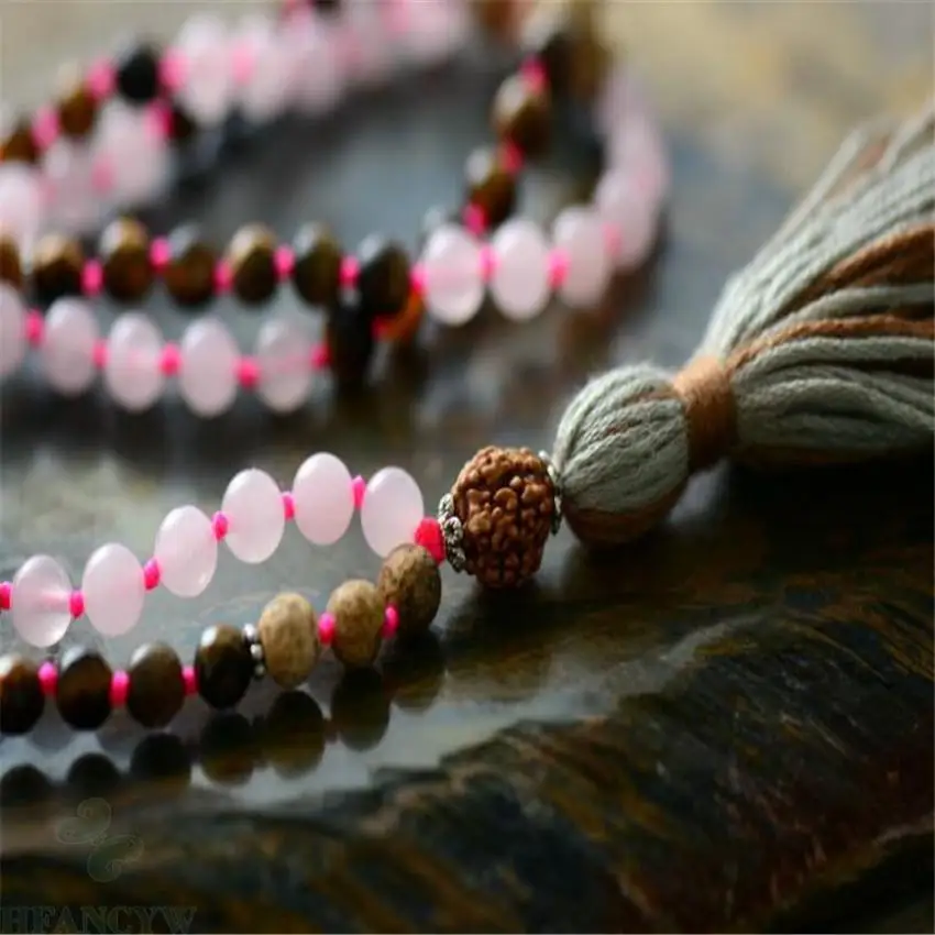 6mm Pink crystal tiger's-eye Gemstone 108 Beads Mala Necklace Reiki Fancy Buddhism Wristband energy cuff Lucky Wrist MONK chain