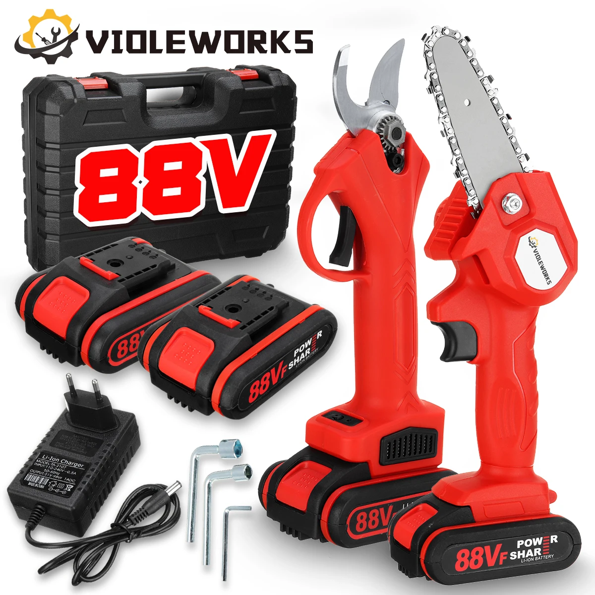 2 In 1 88VF 4 Inch Mini Electric Chain Saw 30MM Pruning Shears Cordless Pruner With 2PC Battery Woodworking Cutter Tool Kit
