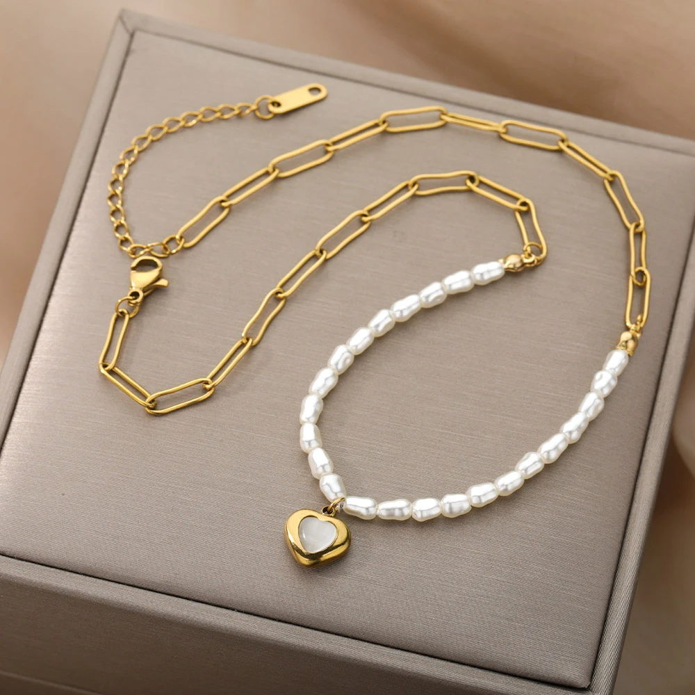 Collares con colgante de corazón de doble capa para mujer, de perlas de imitación de Pin de acero inoxidable, colgante bohemio, regalo de colgantes| AliExpress