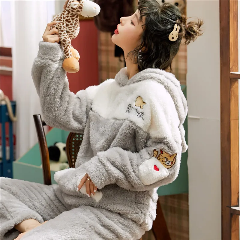 

[Temperature Attitude Warm] Winter Pajamas Women's Korean-style Sweet Cute Long Velvet Thick 280 Grams Home Wear-Outer Wear