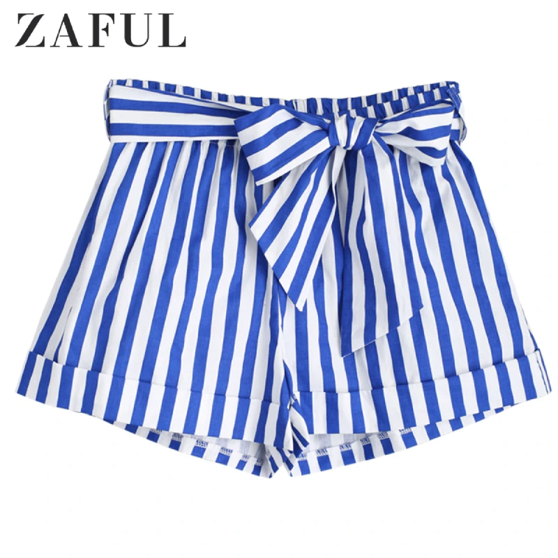 

ZAFUL Belted Striped Shorts Mid Waist Bowknot Shorts Elastic WaistBelted Shorts Casual Flat Front Style Summer Women'S Shorts