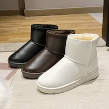 Теплые плюшевые зимние ботинки; Новинка года; Модные женские белые ботинки; женские ботильоны на платформе; женские кожаные черные ботинки на плоской резиновой подошве