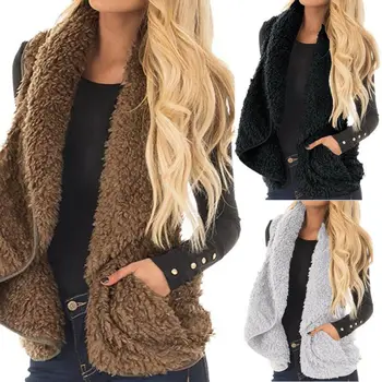 

New Women Ladies Fashion Casual Autumn Winter Warm Vest With Pocket Fluffy Coat Solid Outerwear Vest Coat