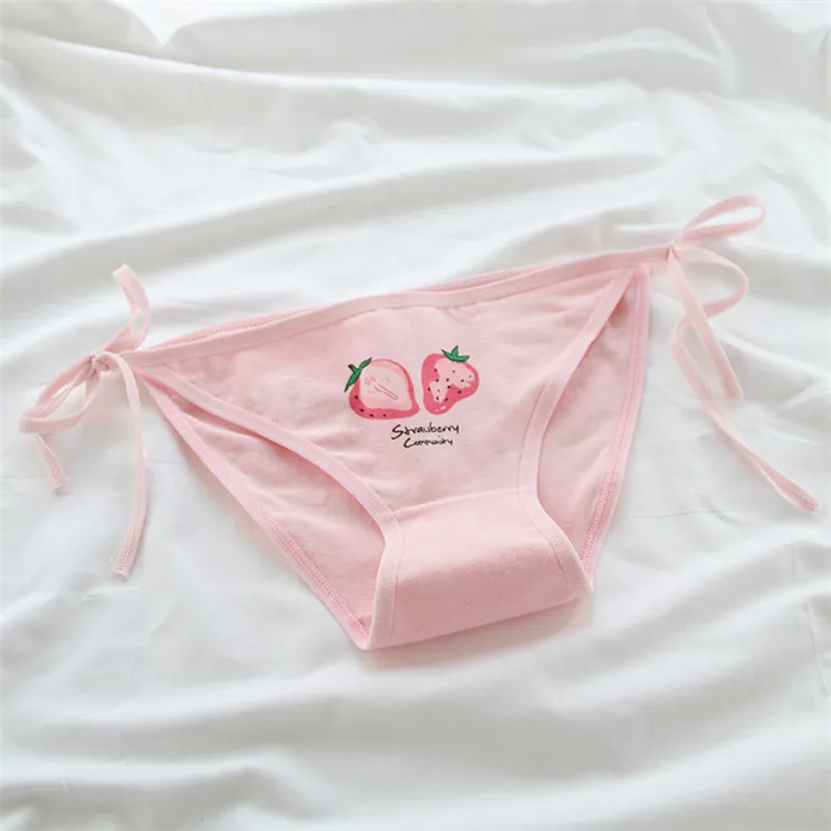 Girls Cute Strawberry Underwear Teenage Cotton Panties Sexy Low Rise Briefs Young Girls Lace Up Underwear Culotte Fille