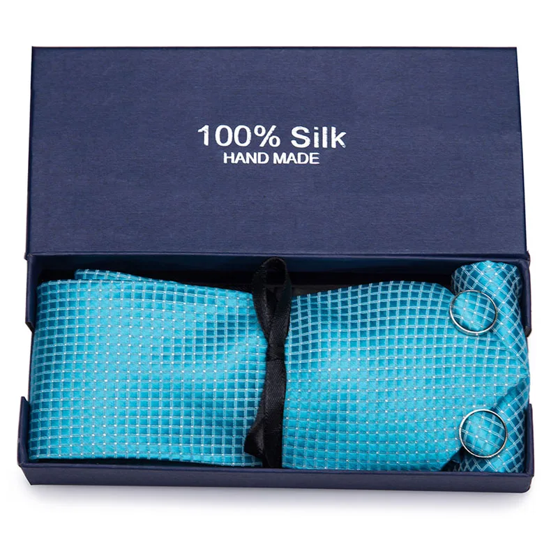 

Formal Man Sky Blue Plaid Tie 100% Silk 7.5cm Tie for Wedding Party Set Hanky &Handkerchief &Cufflink Tie Gift Box