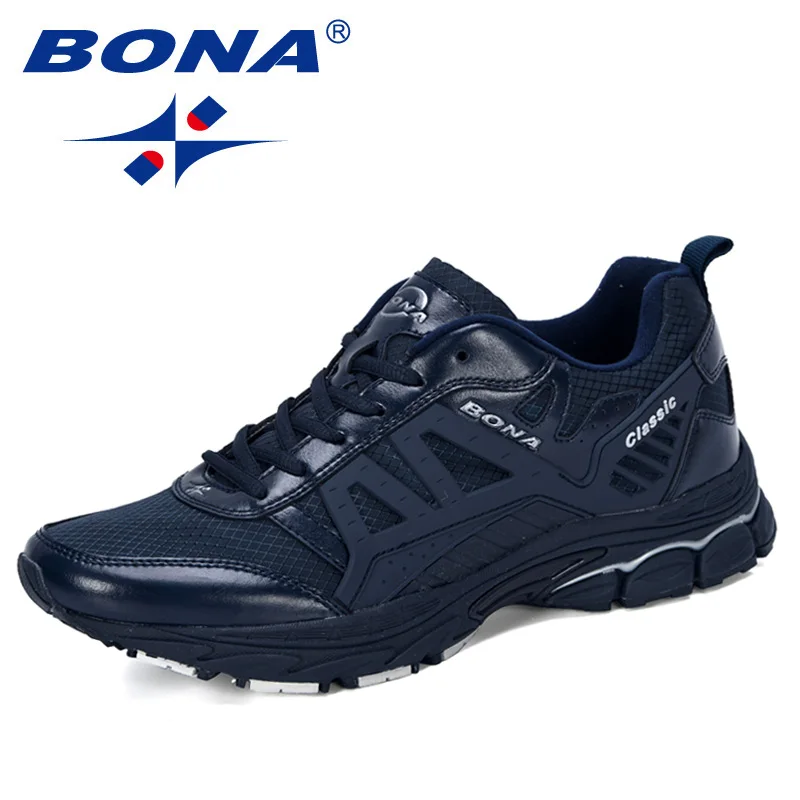 BONA/Новинка года; дизайнерская мужская обувь для бега; zapatillas hombre Deportiva; высокие мужские кроссовки для бега; прогулочная обувь - Цвет: Deep blue S gray