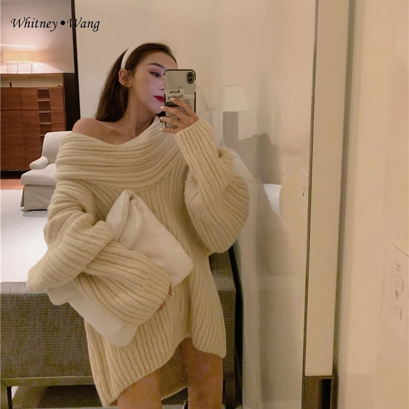 WHITNEY WANG 2020 Весенняя мода уличная одежда сексуальный с вырезом лодочкой Свитер