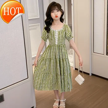 

Plaid Low-Shoulder off-Shoulder Girl's Dress Korean-Style Cotton Short-Sleeved Pleated for Children princess costume