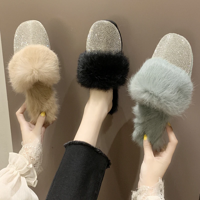 

Mules Womens Shoes Luxury Slides Slippers Fur Loafers Flock Low Cover Toe Designer Plush Flat Soft 2019 Basic Rubber