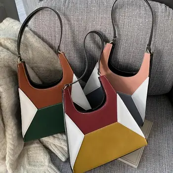 

Hot Sale Handbags Wear-resistant Simple PU Leather Women Shoulder Bag Splicing Color Totes Casual Travel Handbag