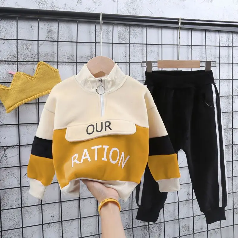 

2019 Children Thick Joint Zipper Hoodie Fashion CHILDREN'S Suit BOY'S Girls Double-sided Plush Two-Piece Set