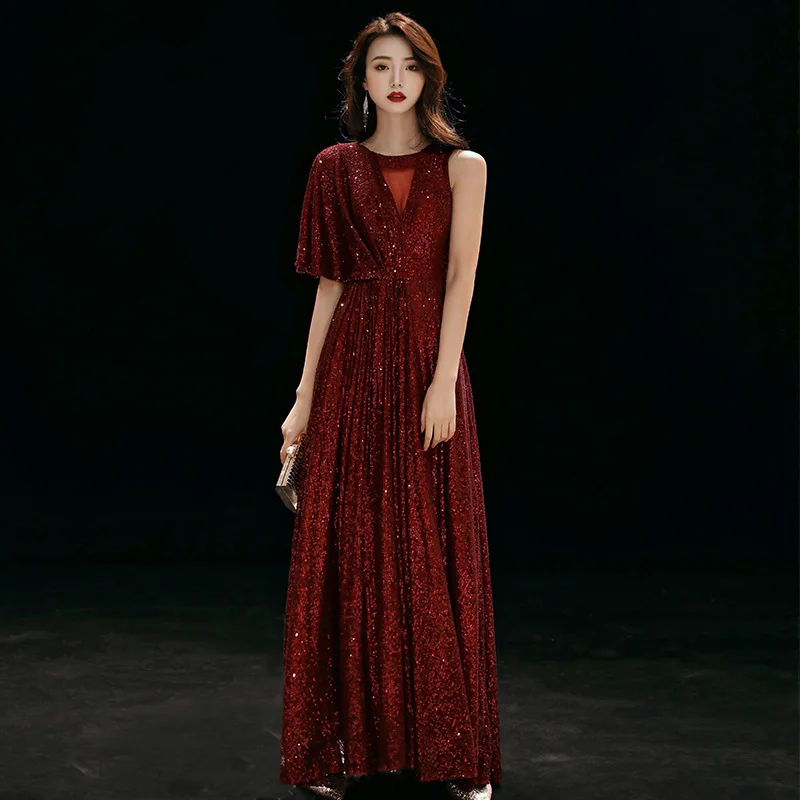 

Foraml Gowns Burgundy Shiny Sequins Asymmetrical A Line Elegant Evening Dresses 2020 O-Neck Zipper Back Women Party Dress K213