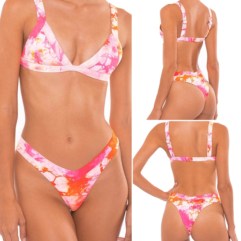 Сексуальный треугольный купальный костюм, Модный комплект бикини с принтом, купальник с высокими плавками, женский купальник с пуш-ап, женский пляжный купальник, бикини