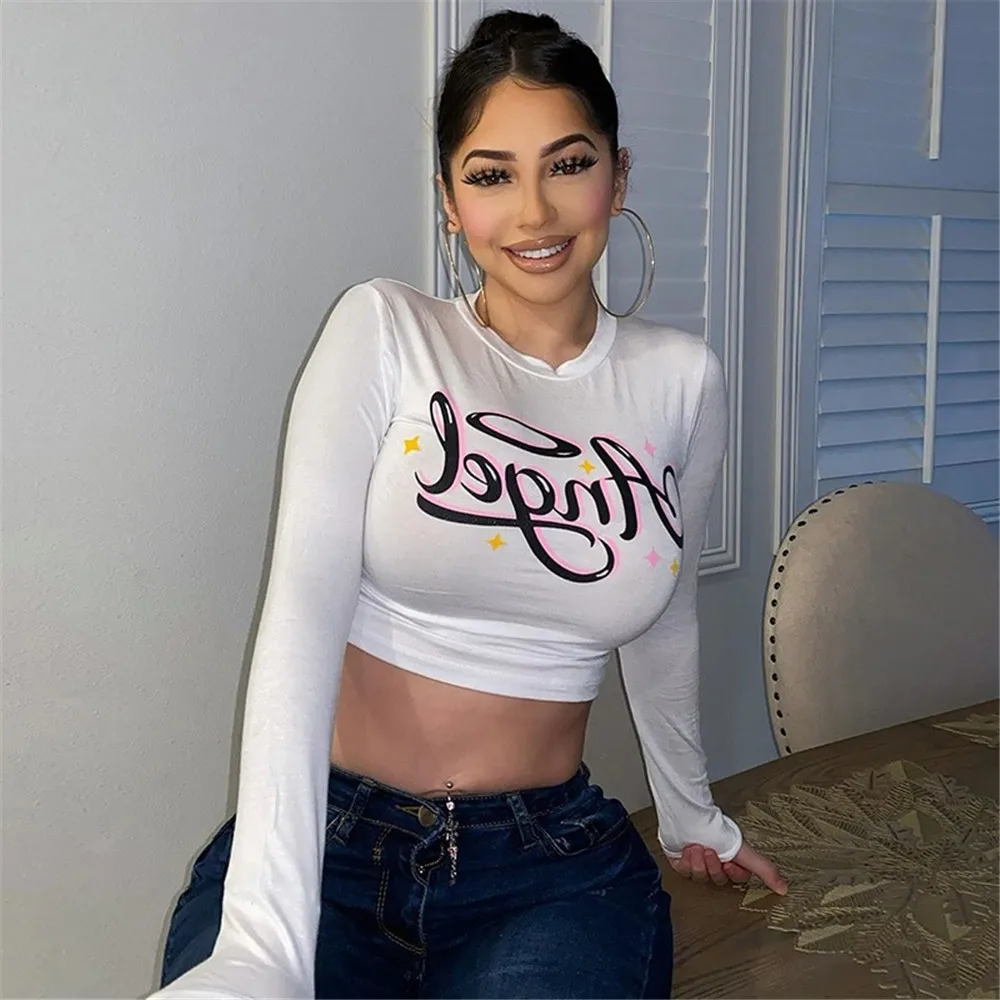 

Spring Women Fashion Letter Print T-shirt Casual Slim Long Sleeve O-Neck Crop Top White Ladies Clothes Pullover High Street