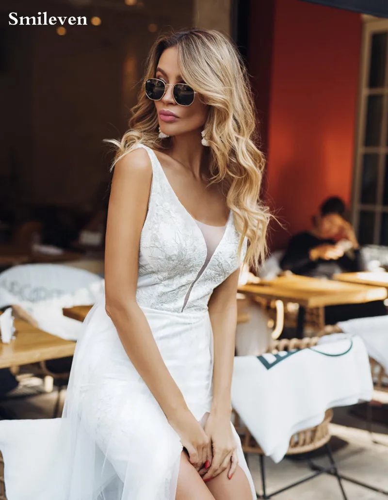 Smileven пляжное свадебное платье трапециевидной формы свадебное платье, белое цвета слоновой кости с разрезом по бокам с открытой спиной Простые Свадебные платья с v-образным вырезом