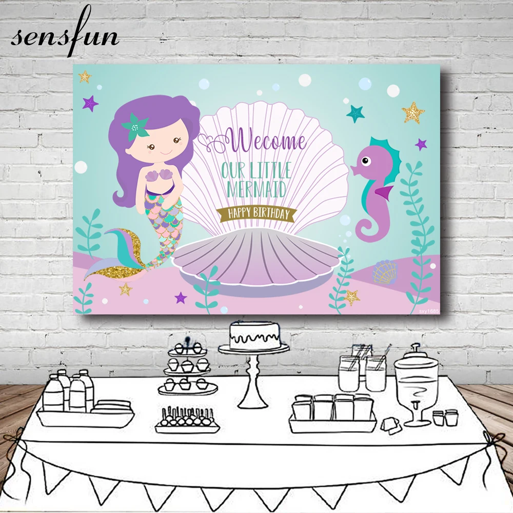 Sensfun Simpatico Cartone Animato Sirenetta Sfondo Per Ragazze Festa Di Compleanno Baby Shower Sfondi Sotto Il Mare Mussel Photo Banner