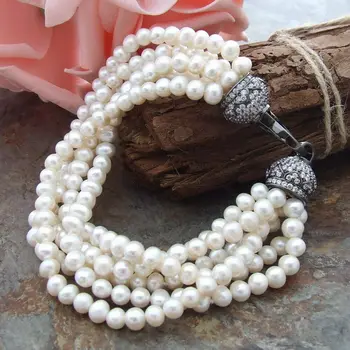 

8" 6 strands White freshwater Pearl Bracelet 24k gold plated Zircon Clasp