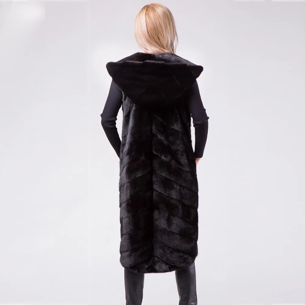 Warm Real Mink Fur Coat Women Winter Gilet Vest Wrap Cloak With hood NEW Jacket Overcoat Female Ladies Fashion Furs Jacket