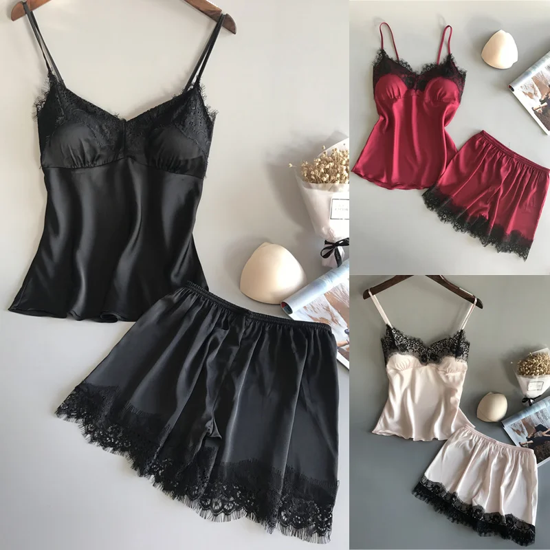 

2 Set Women Sleepwear Sexy Satin Pajama Set Black Lace Tops And Short Sleep Pants Sexy Lingerie Pijama Homewear Nightwear D35